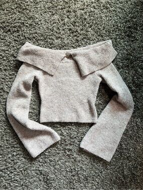 Meshki Taupe Off-the-Shoulder Cropped Knit Top